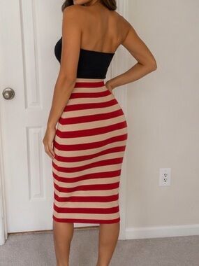 Bebe Red & Beige Striped High-Waist Bodycon Midi Skirt | Size XS